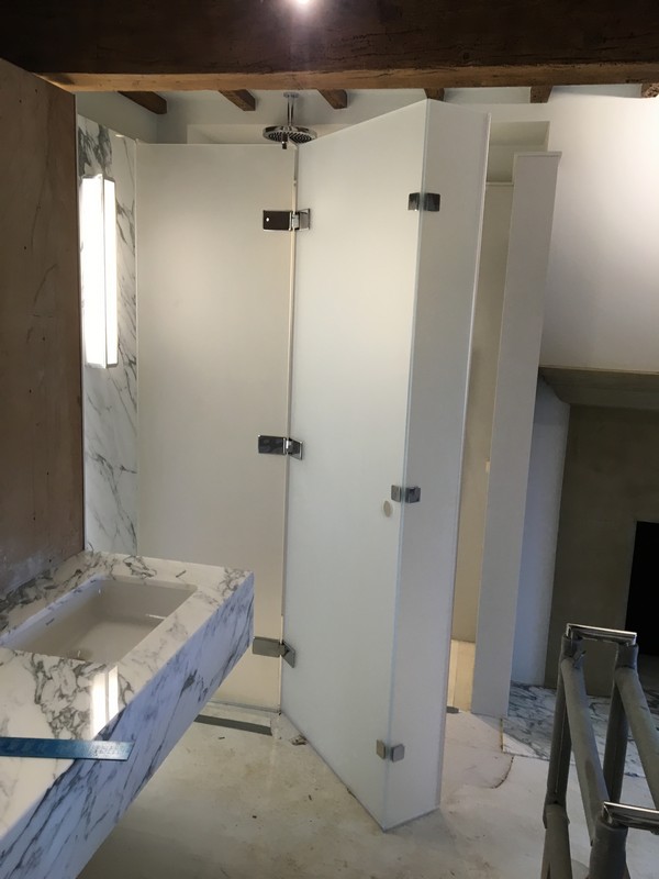 Bespoke frosted glass shower enclosure in Wimbledon luxury bathroom